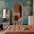 White Cherry Blossoms I on Blue Aged Mural Wallpaper - room preview 02