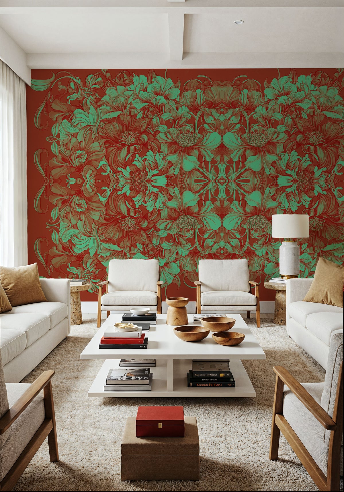 Scandi Flower Ceiling VI Mural Wallpaper - Red Tone - room preview 02