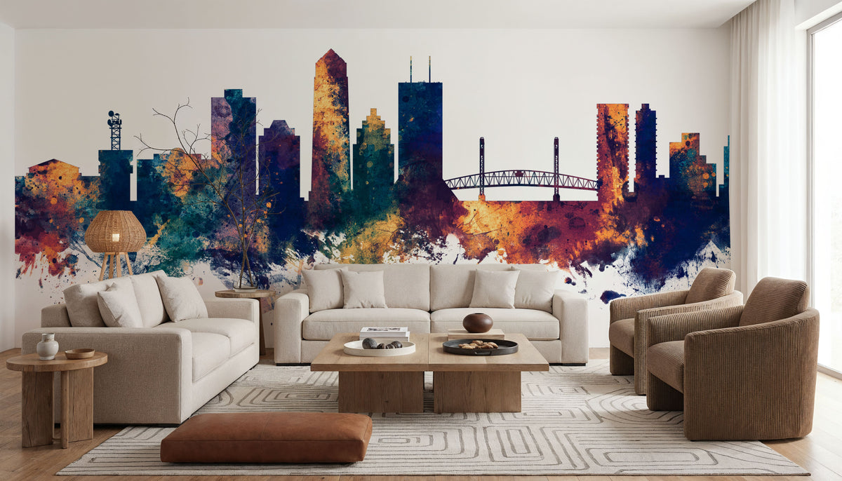 Jacksonville Florida Skyline Blue & Bronze Mural Wallpaper - room preview 02