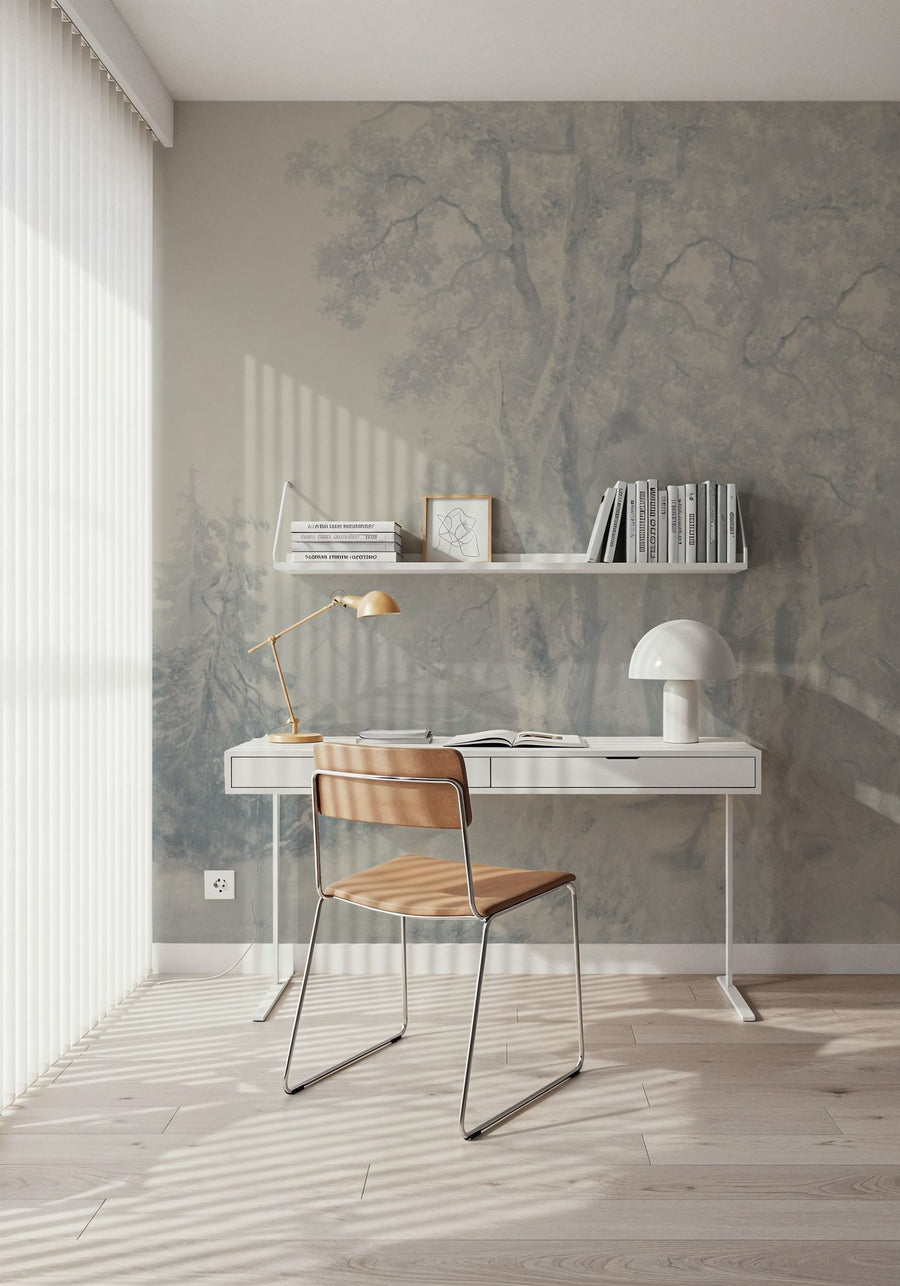Forest Wallpaper Mural – Woodland Wall Mural – Forest Immersion Pale Blue