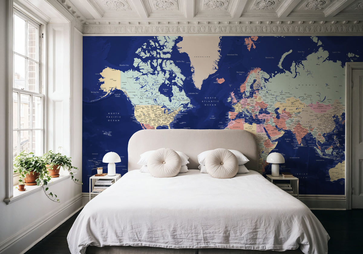 World Map Cities - Powa Mural Wallpaper - room preview 02