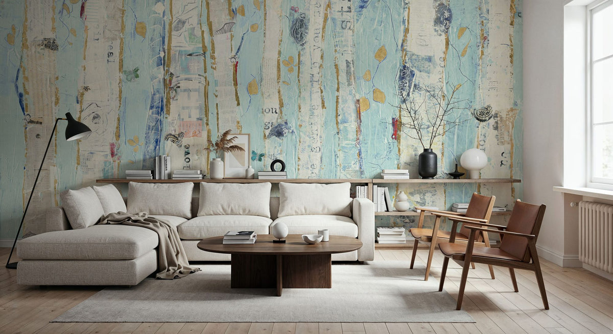 Far From Blue III Gold Leaves Mural Wallpaper - room preview 02