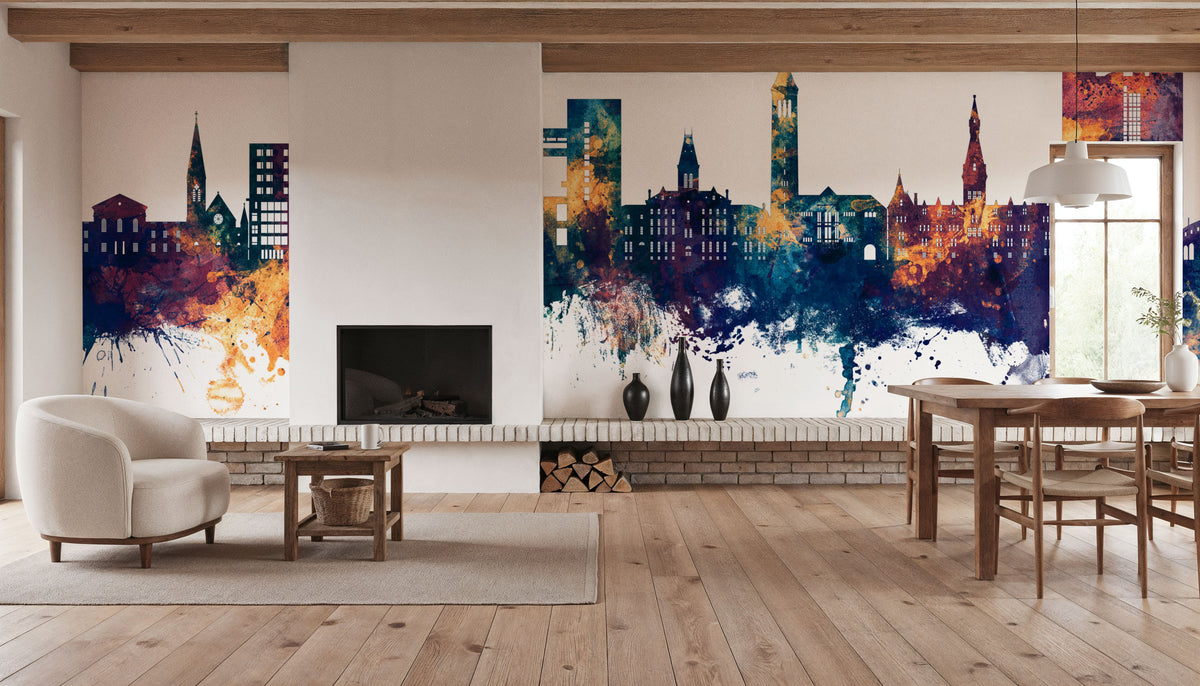Ithaca New York Skyline Blue & Bronze Mural Wallpaper - room preview 02