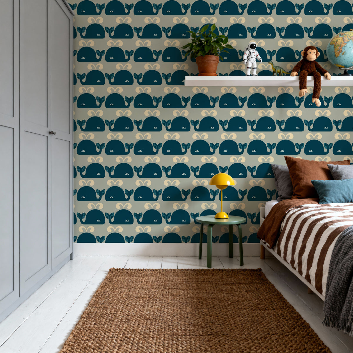 Wandering Whales, Teal Mural Wallpaper - room preview 02