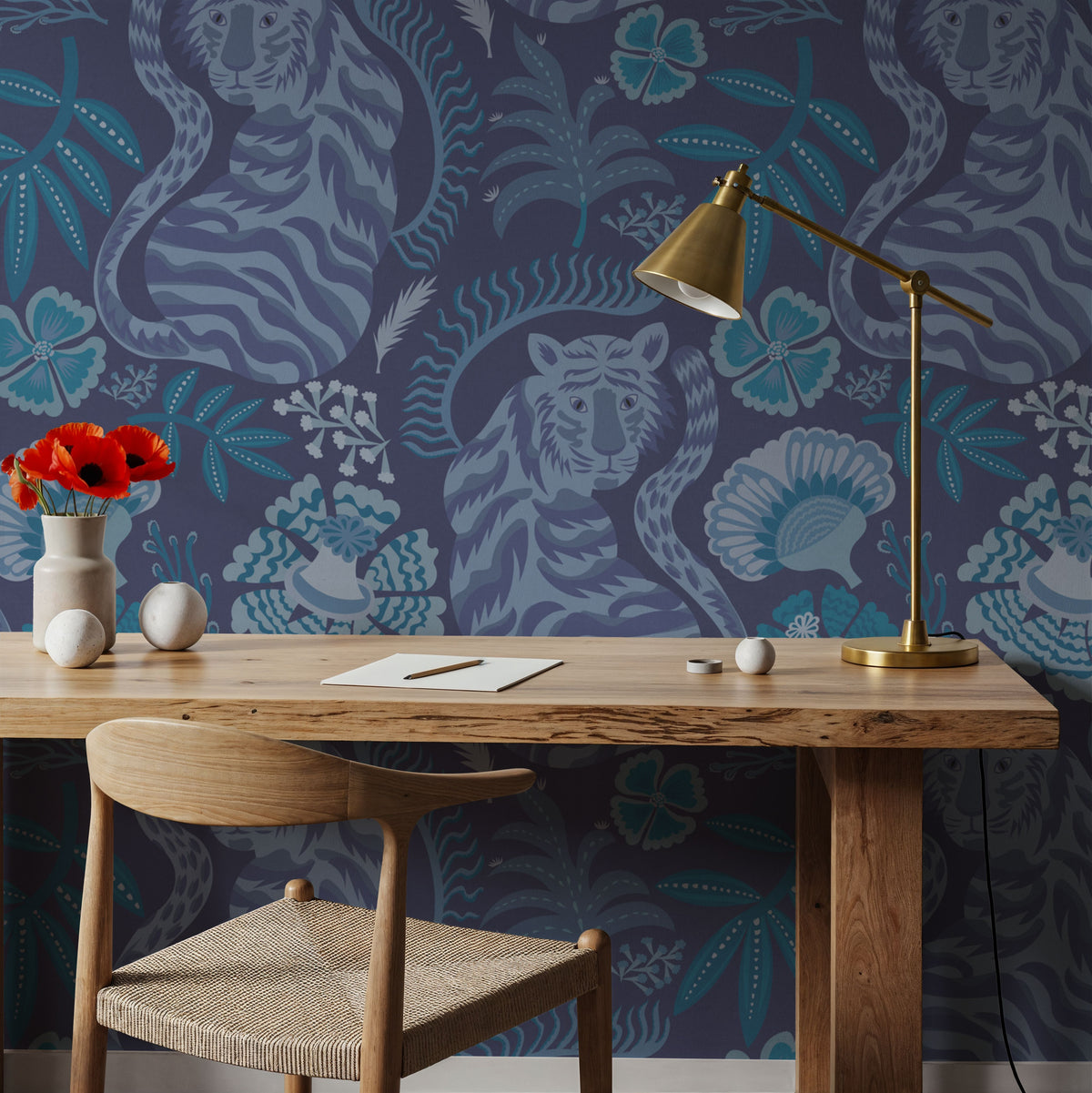 Painterly Tigers Blue Mural Wallpaper - room preview 02