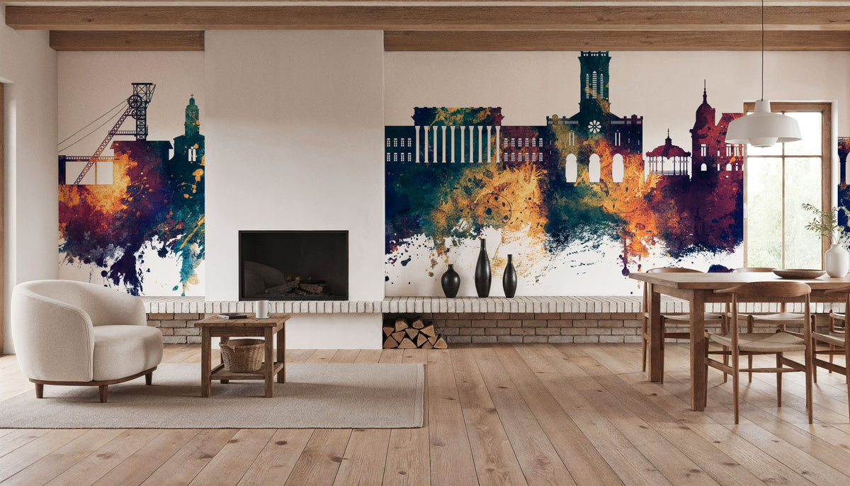 Saint-Étienne France Skyline Blue & Bronze Mural Wallpaper - room preview 02