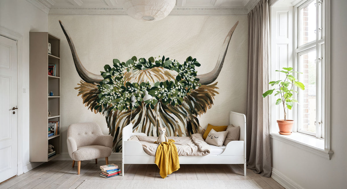Harvest Cow Sage Texture Light Mural Wallpaper - room preview 02