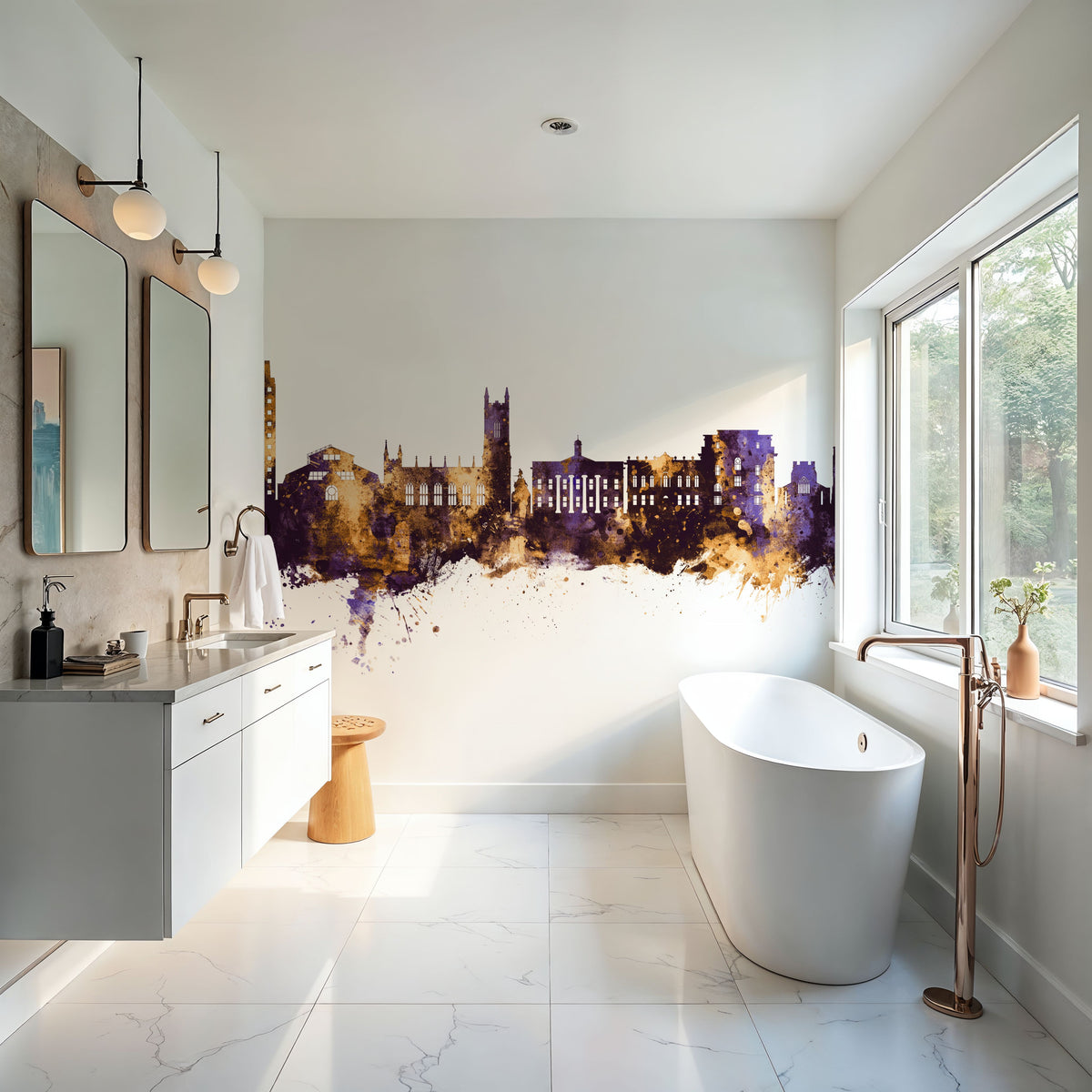 Oldham England Skyline Purple & Gold Mural Wallpaper - room preview 02