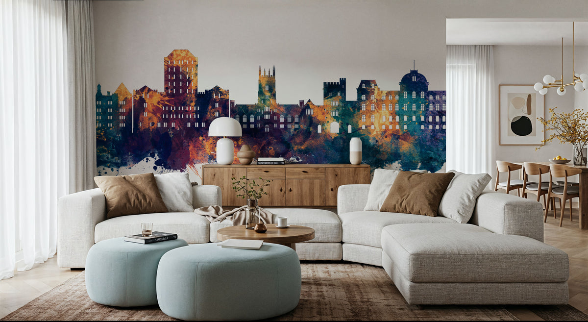 Poughkeepsie New York Skyline Blue & Bronze Mural Wallpaper - room preview 02