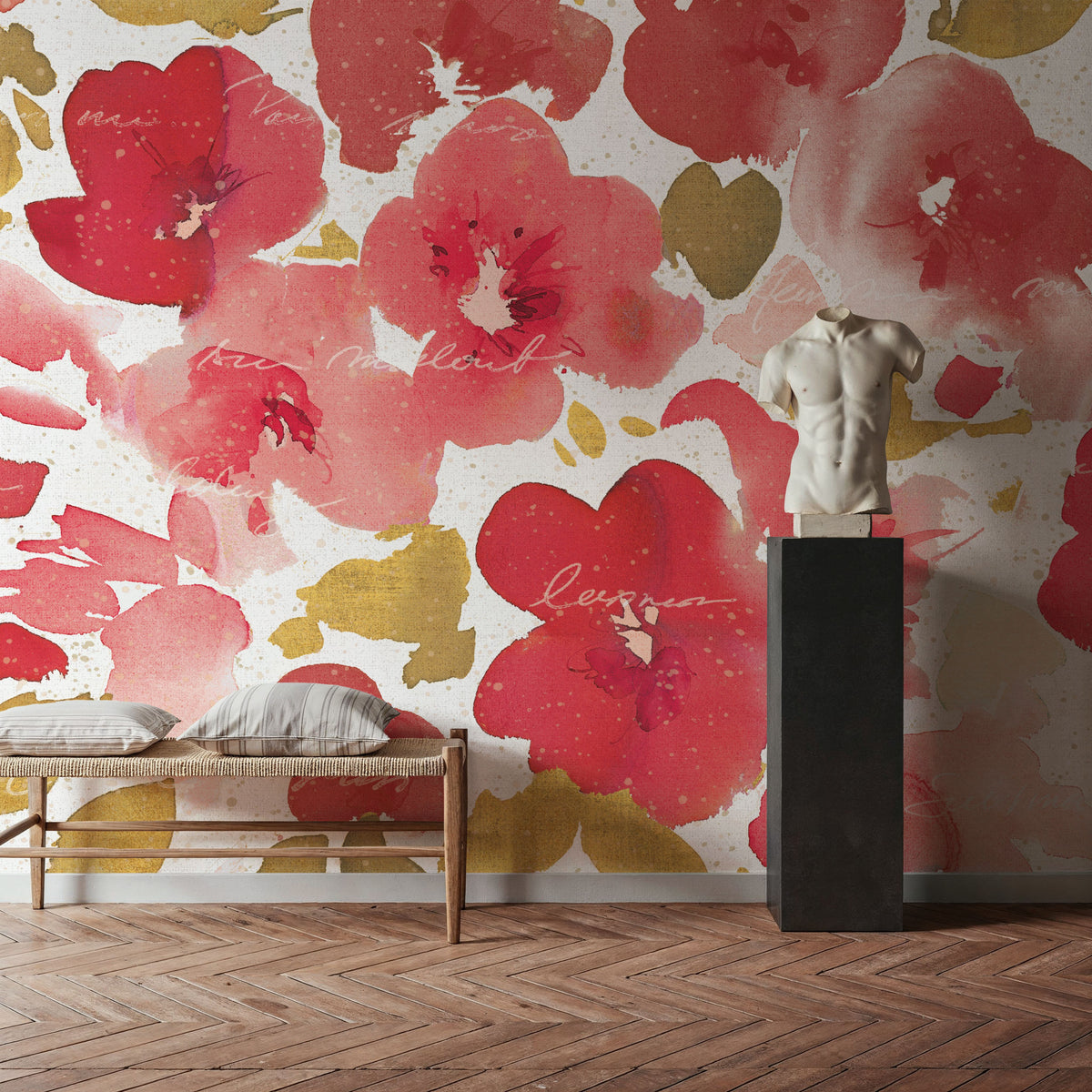 Floral Flow I Red Gold Mural Wallpaper - room preview 02