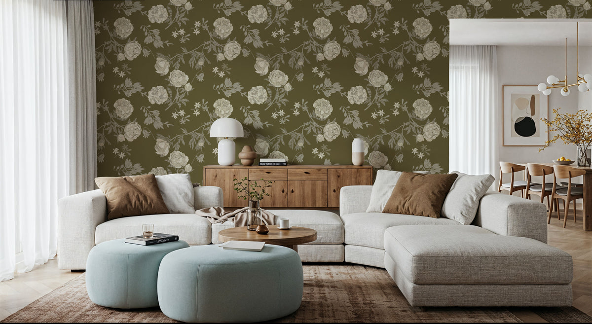 Peony Passion, Khaki Mural Wallpaper - room preview 02