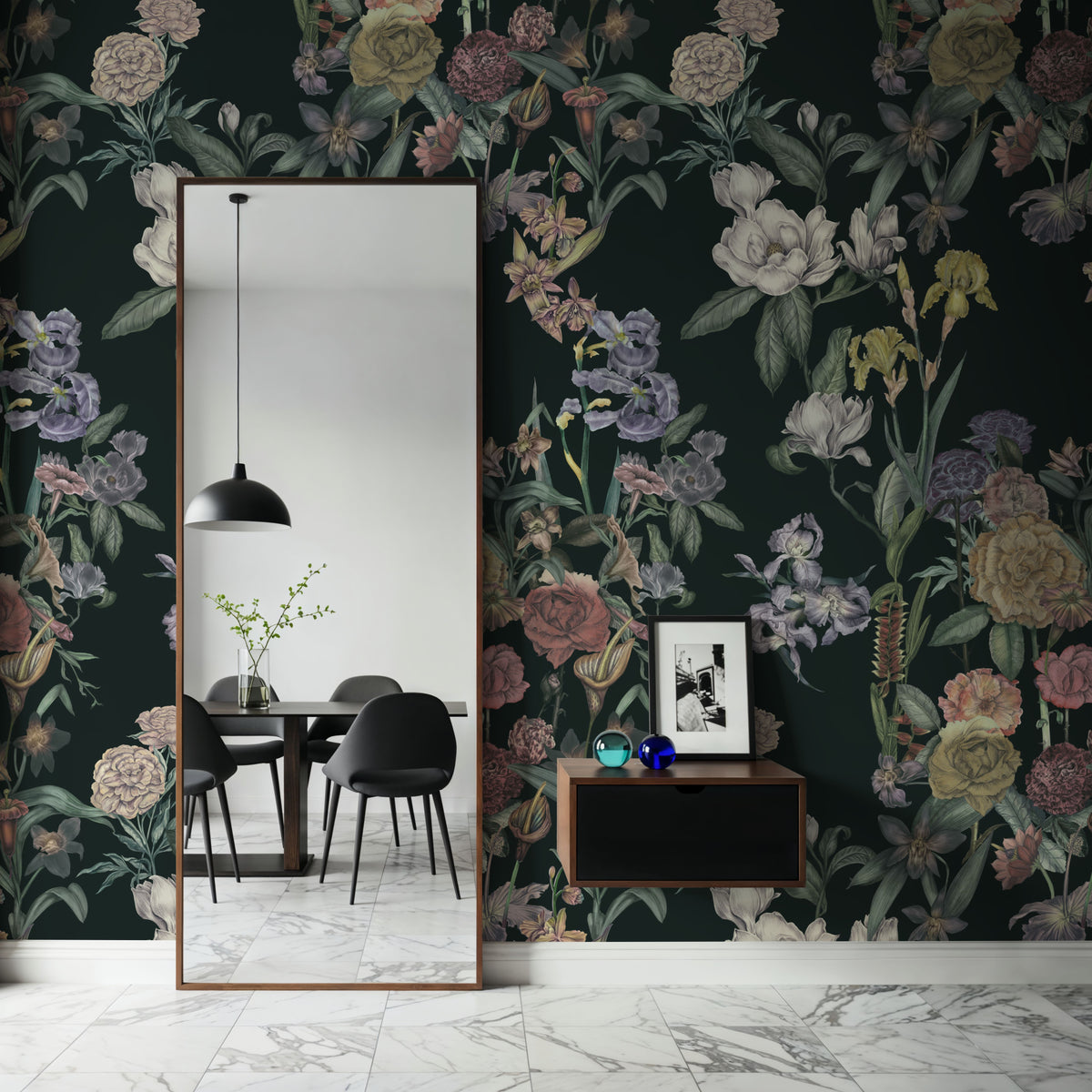 Floral Gaze, Dark Green Mural Wallpaper - room preview 02