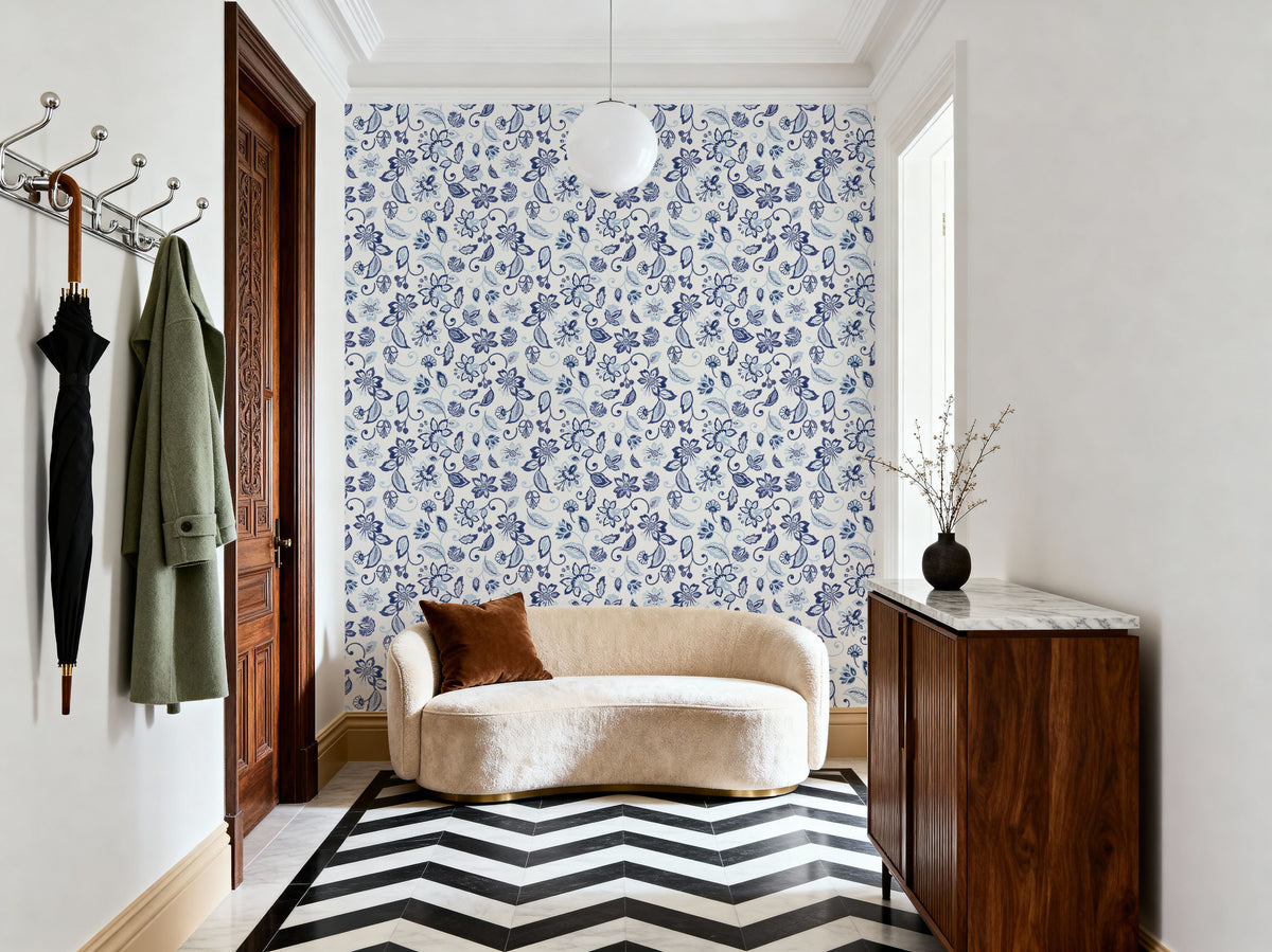 Sino Flowers Light Blue Mural Wallpaper - room preview 02