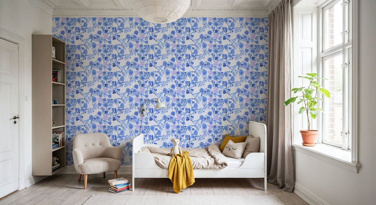 Miracle Blossoms and Birds, Blues Mural Wallpaper - room preview 02