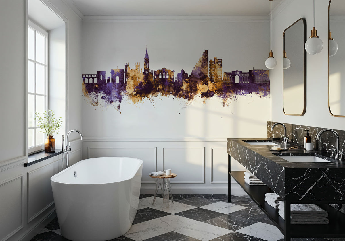 Montpellier Skyline Purple & Gold Mural Wallpaper - room preview 02