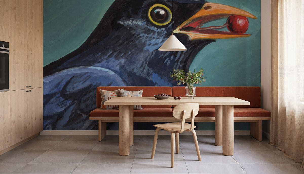 Black Bird with a Berry Mural Wallpaper - room preview 02