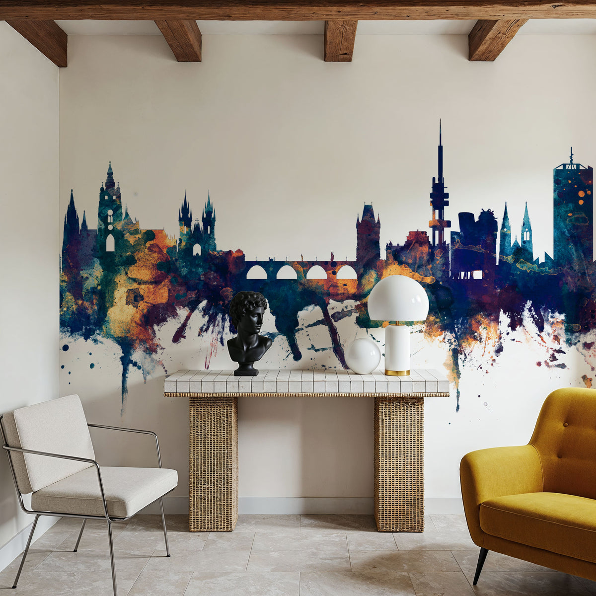 Prague (Praha) Czech Republic Skyline Blue & Bronze Mural Wallpaper - room preview 02