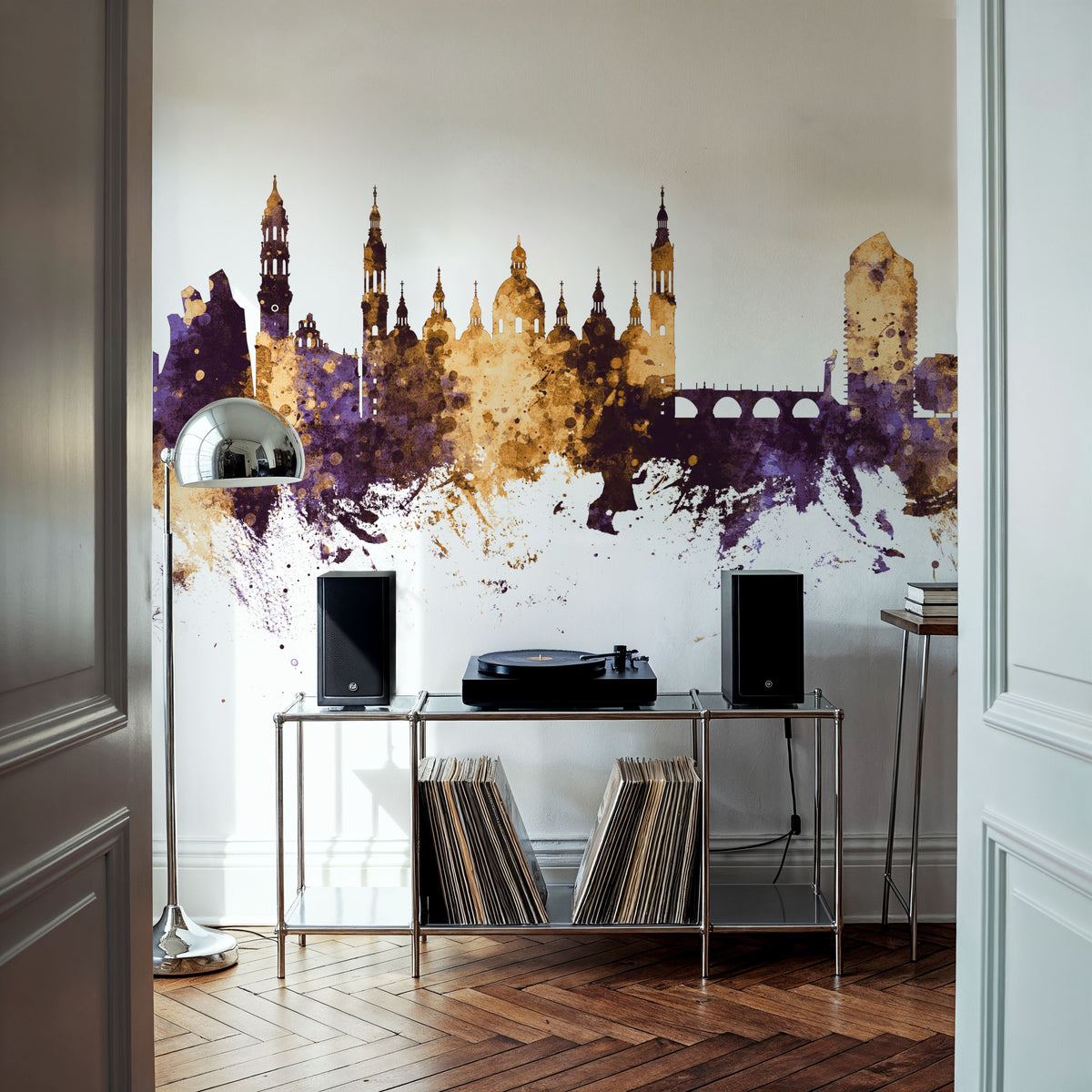 Zaragoza Spain Skyline Purple & Gold Mural Wallpaper - room preview 02