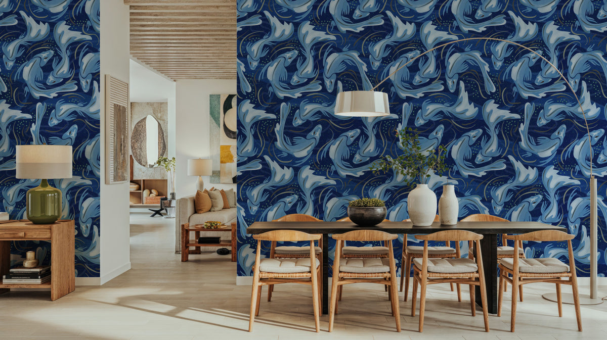 Koi Fish, Denim Mural Wallpaper - room preview 02