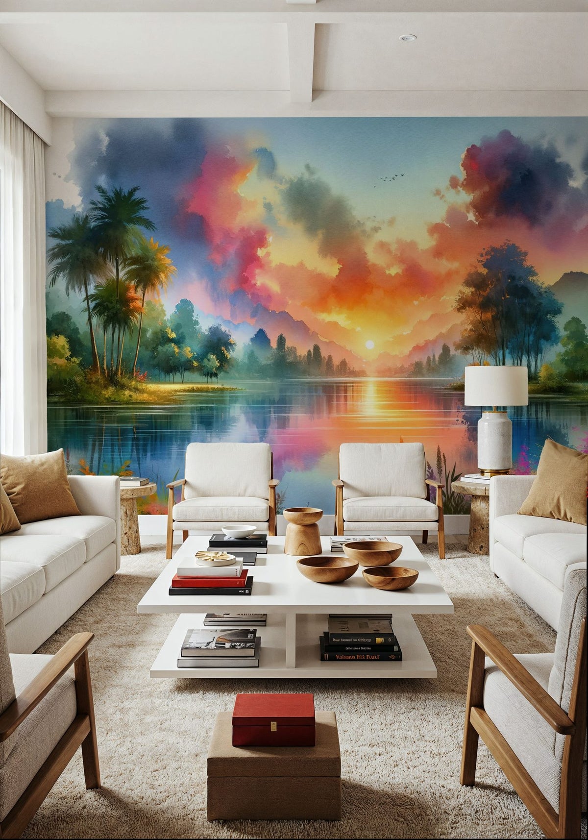 Vibrant Sunset Over Serene Lake Mural Wallpaper - room preview 02