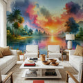Vibrant Sunset Over Serene Lake Mural Wallpaper - room preview 02