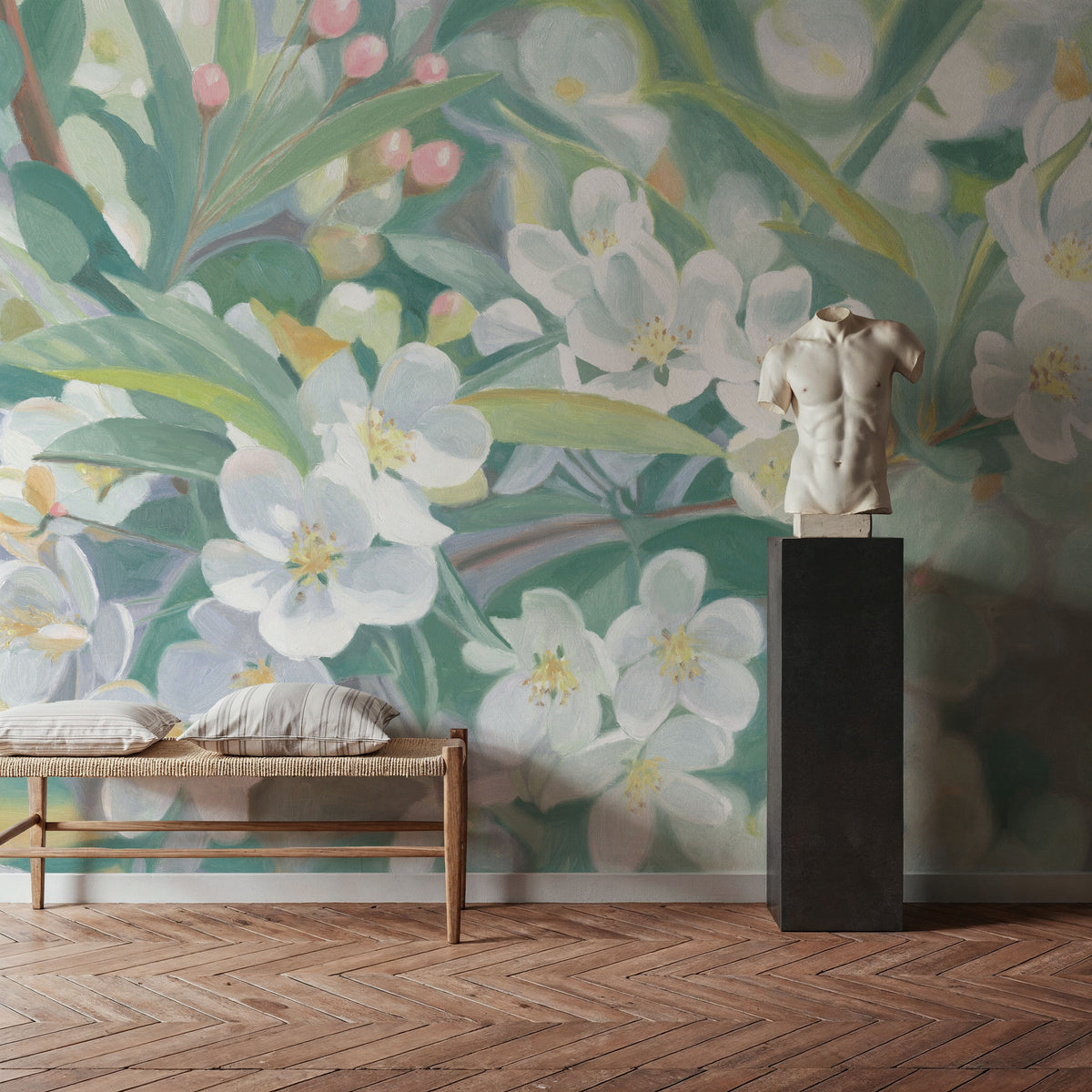 White Blossoms in Focus Mural Wallpaper - room preview 02