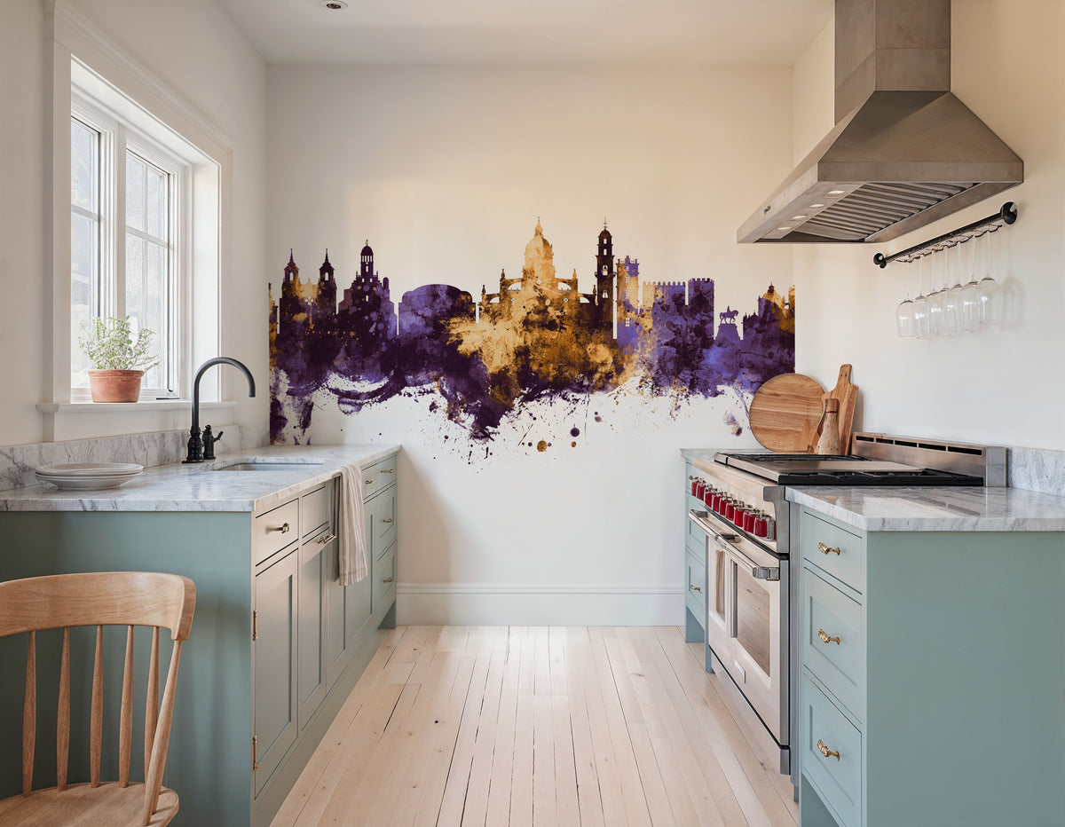 Jerez Spain Skyline Purple & Gold Mural Wallpaper - room preview 02