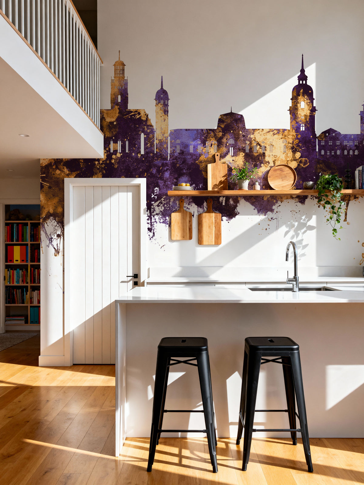 Darmstadt Skyline Purple & Gold Mural Wallpaper - room preview 02