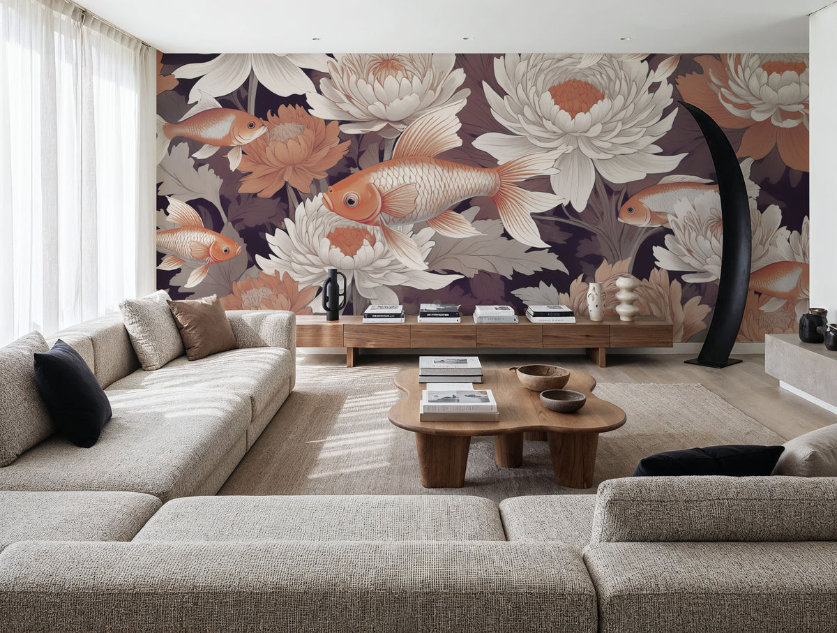 Dancing Fish, Dusty Orange Mural Wallpaper - room preview 02