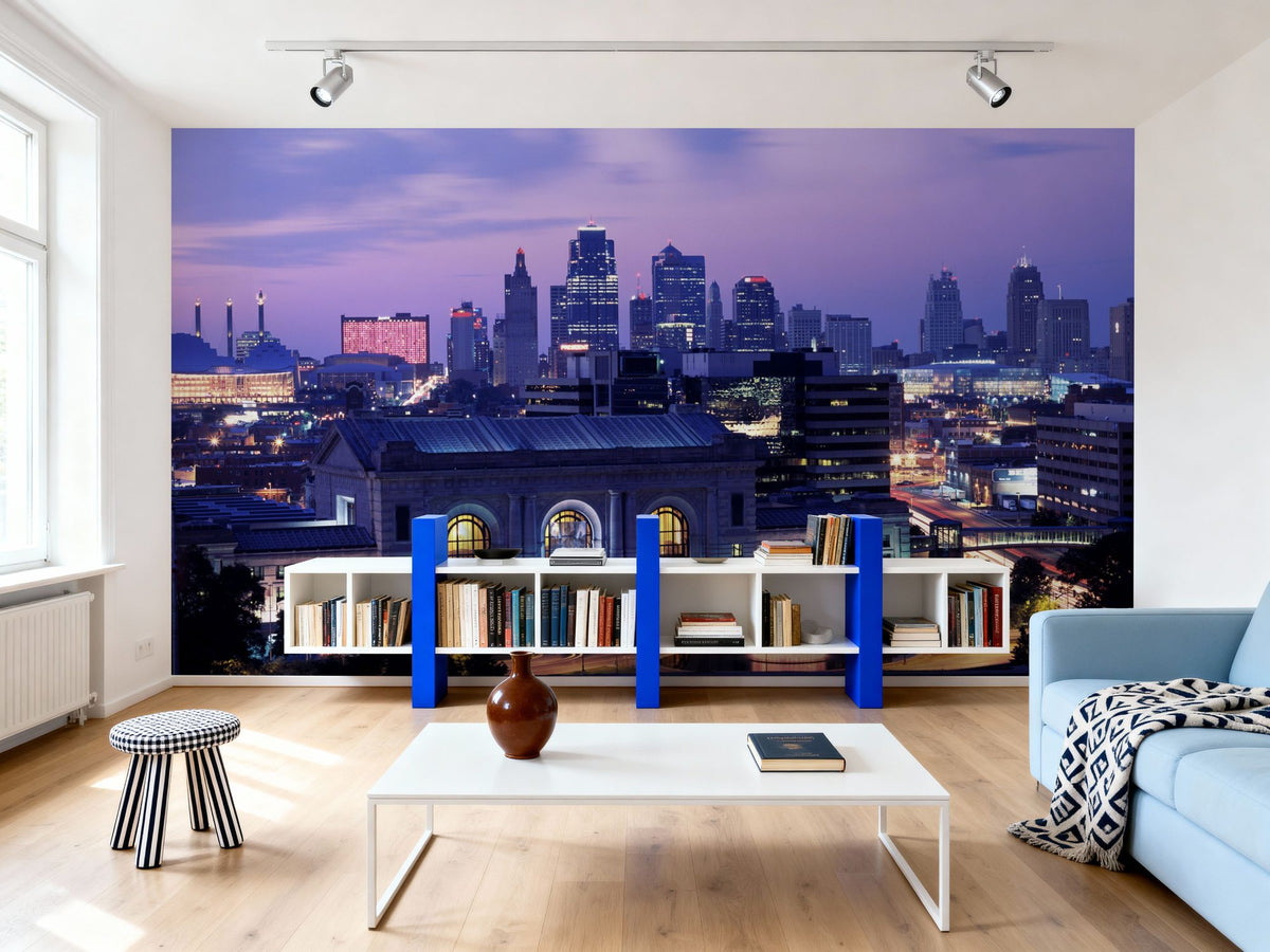 Purple Gradient Twilight Metropolis Mural Wallpaper - room preview 02