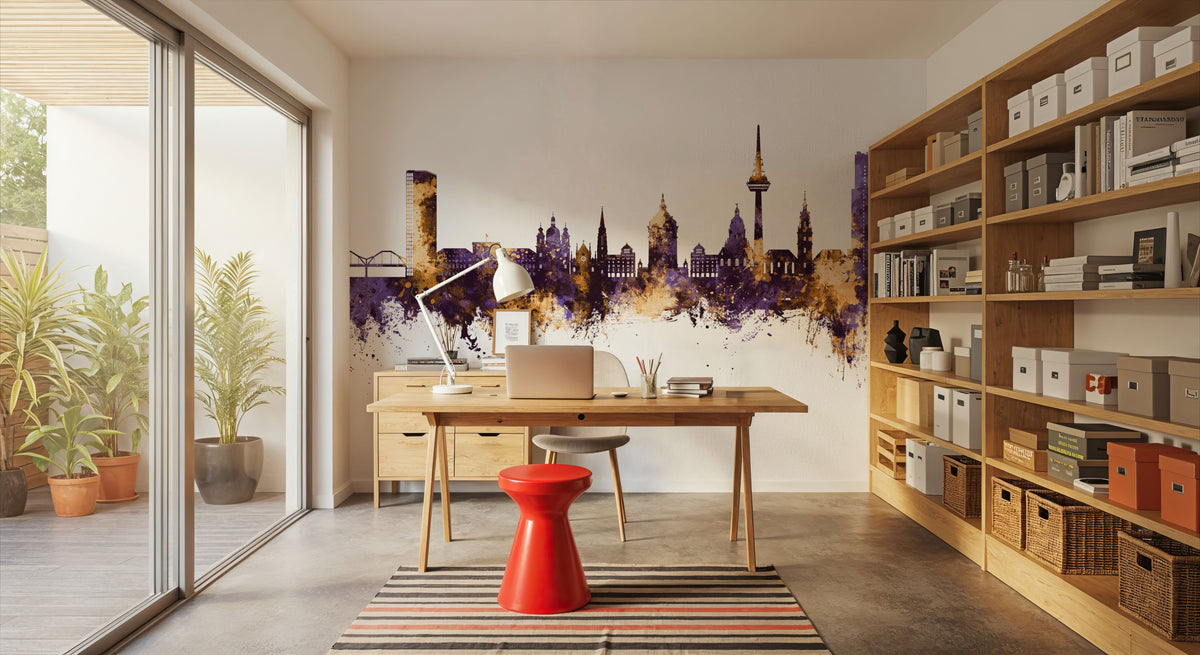 Mannheim Germany Skyline Purple & Gold Mural Wallpaper - room preview 02