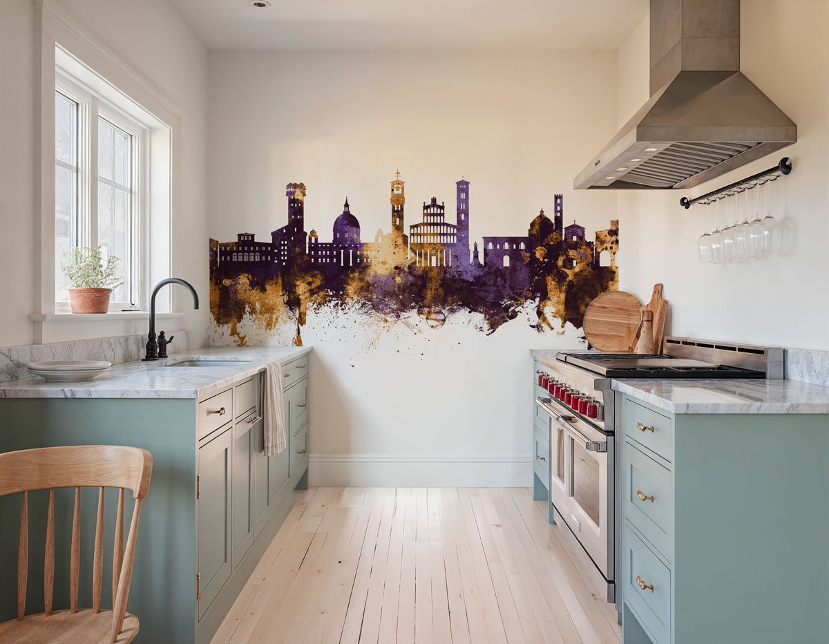 Lucca Italy Skyline Purple & Gold Mural Wallpaper - room preview 02