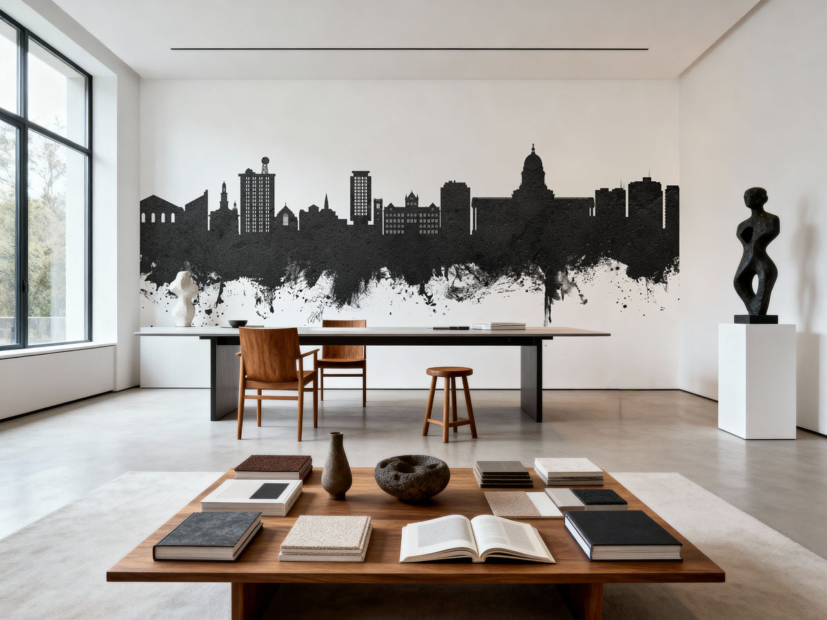 Madison Wisconsin Skyline Black & White Mural Wallpaper - room preview 02