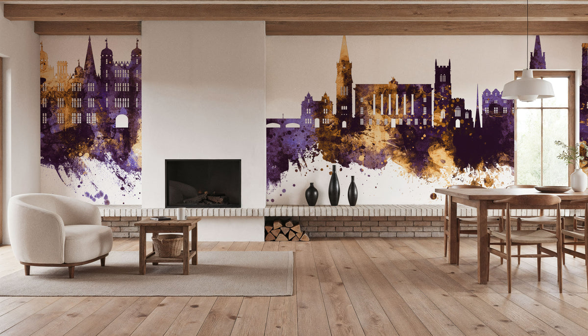 Stamford England Skyline Purple & Gold Mural Wallpaper - room preview 02