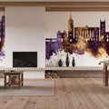 Stamford England Skyline Purple & Gold Mural Wallpaper - room preview 02