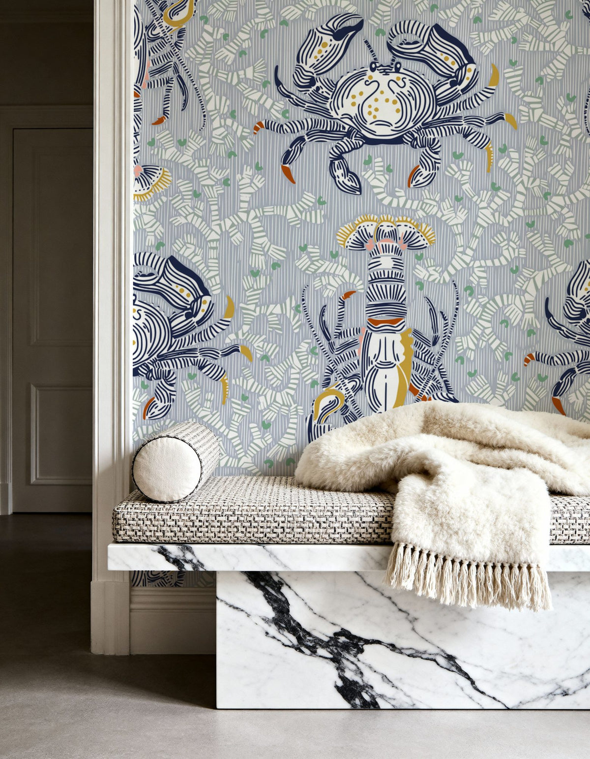 Lobster and Crab Coastal Nostalgia, Grey Mural Wallpaper - room preview 02