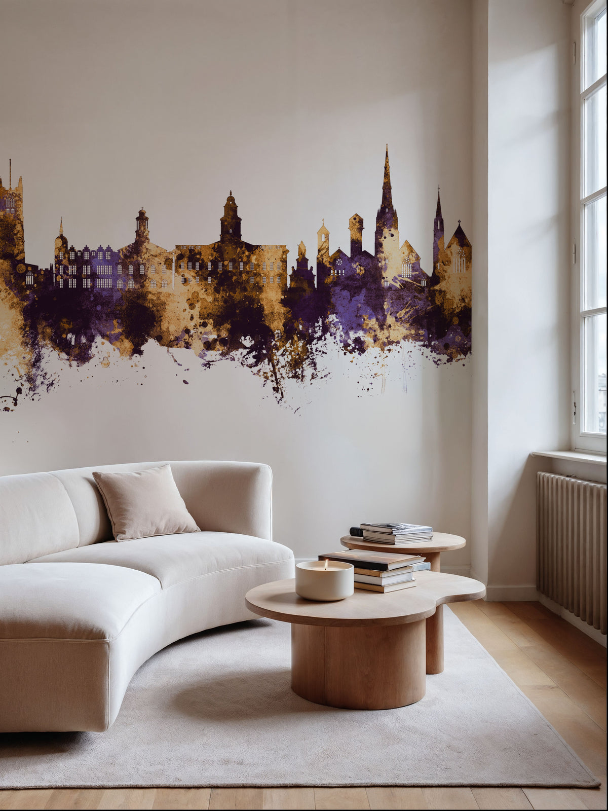 Lancaster England Skyline Purple & Gold Mural Wallpaper - room preview 02