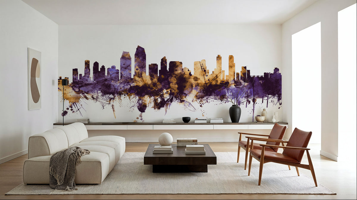 San Diego California Skyline Purple & Gold Mural Wallpaper - room preview 02