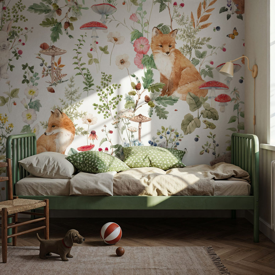 Baby Animals Wallpaper Mural – Cute Animals Wall Mural – Baby Animals Nordic Fauna, White