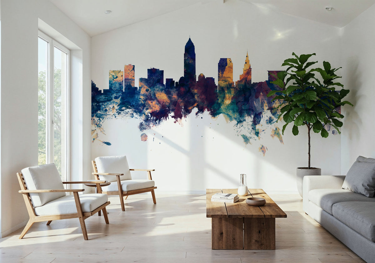 Cleveland Ohio Skyline Blue & Bronze Mural Wallpaper - room preview 02