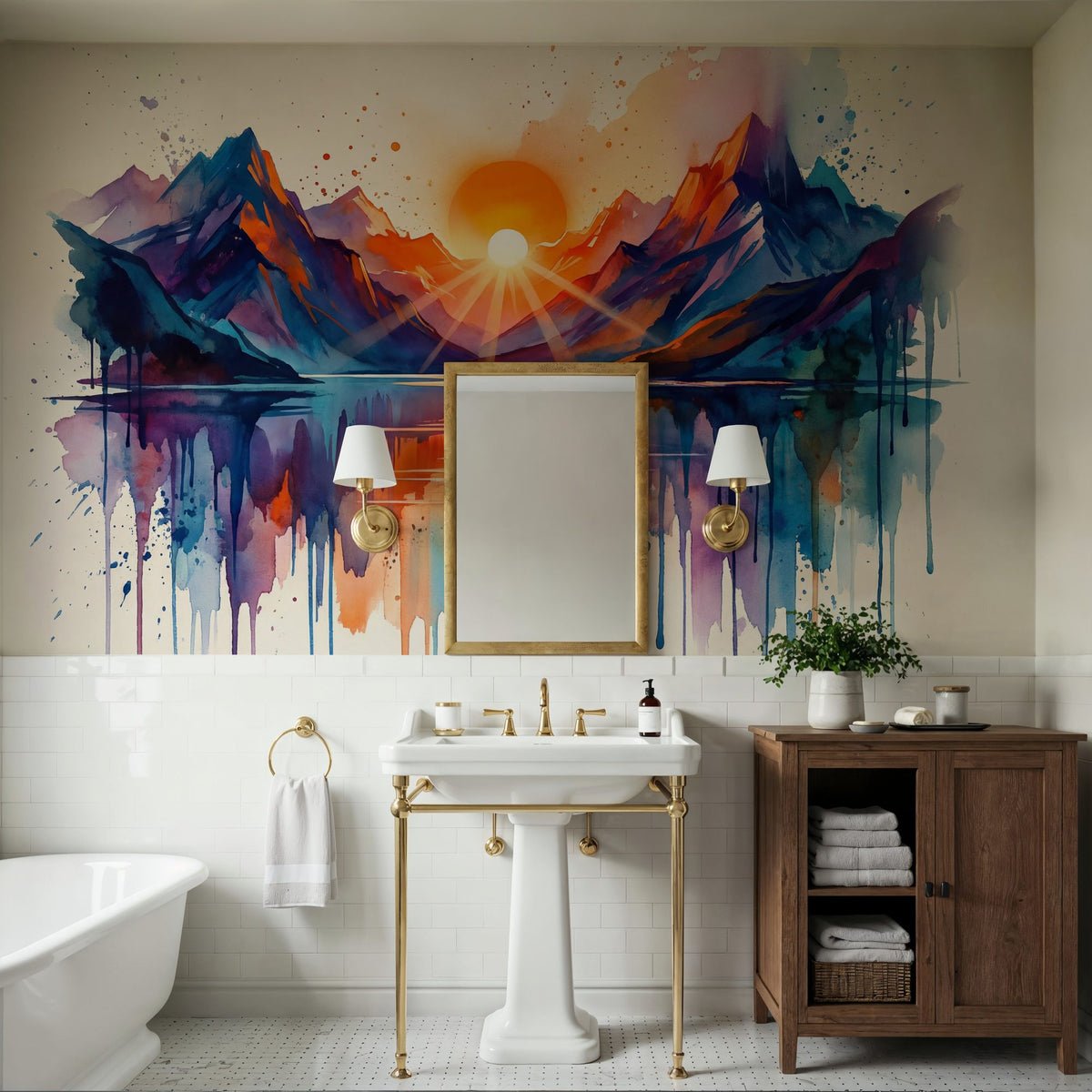 Mountain Lake - Watercolor Sunset Series Mural Wallpaper - room preview 02