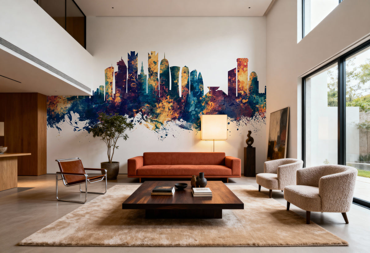 Doha Qatar Skyline Blue & Bronze Mural Wallpaper - room preview 02