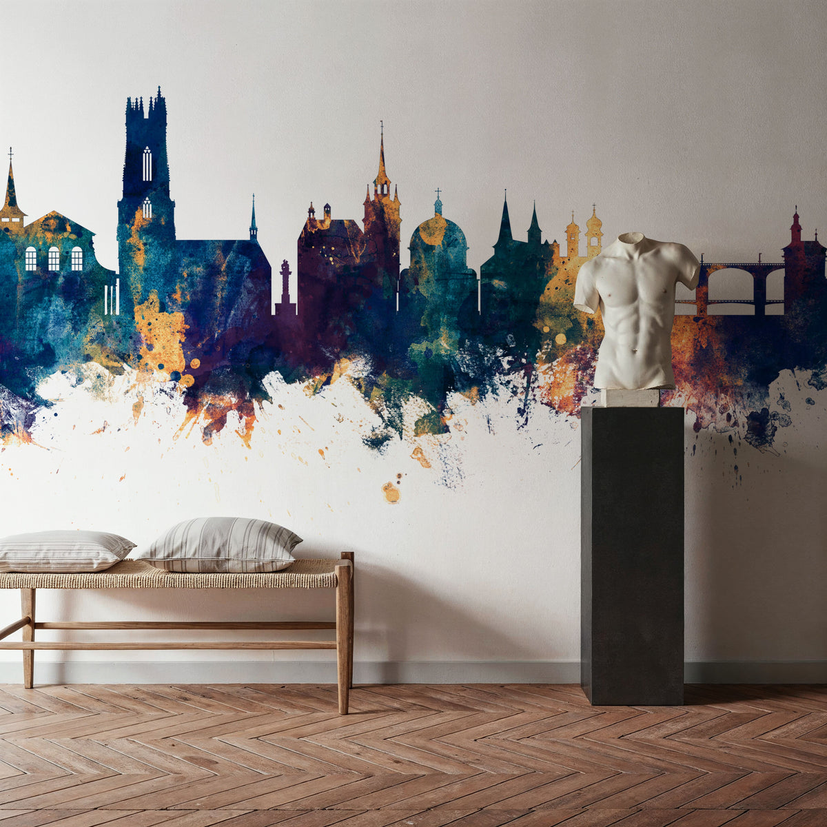 Fribourg Switzerland Skyline Blue & Bronze Mural Wallpaper - room preview 02