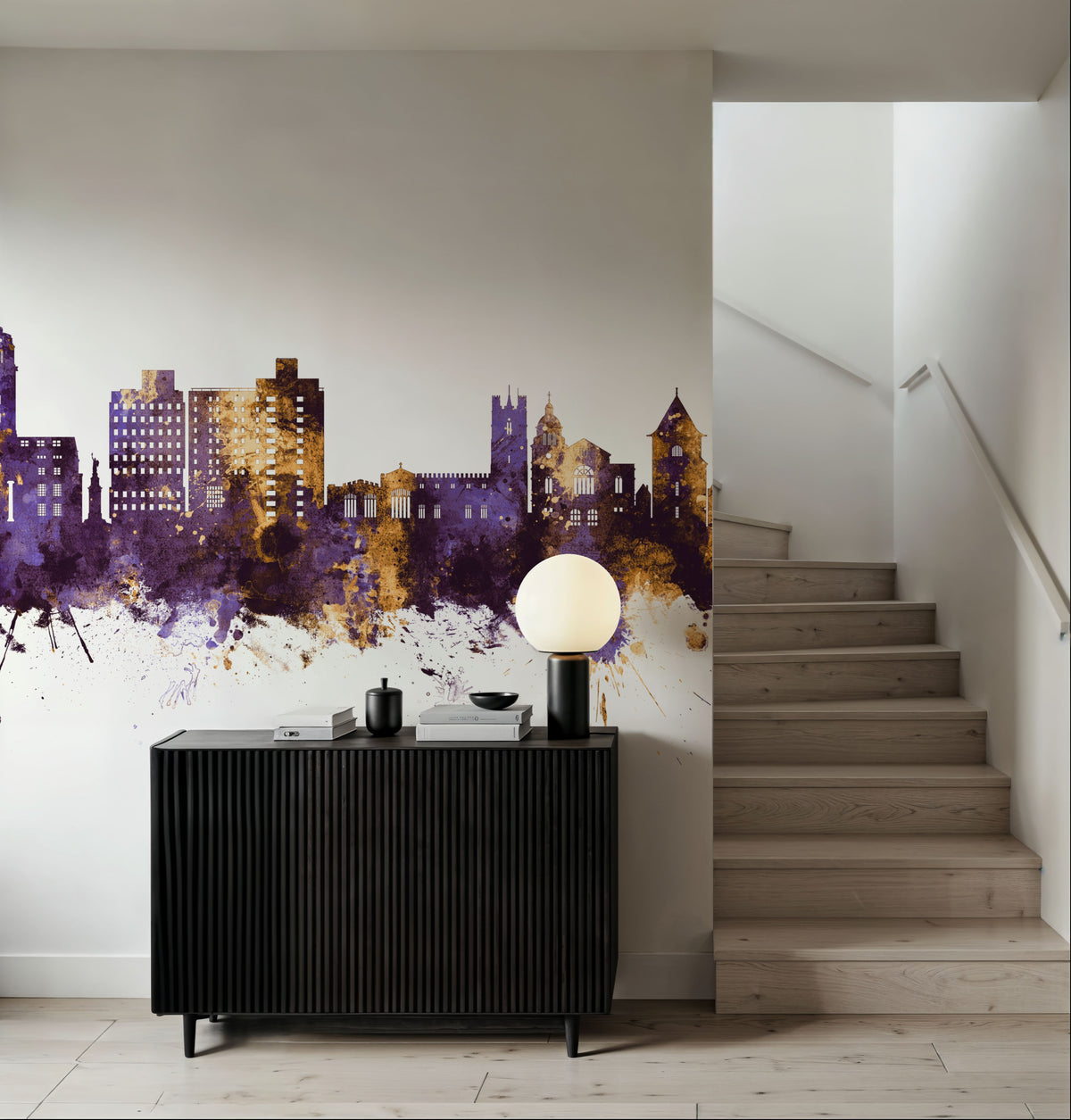 Luton England Skyline Purple & Gold Mural Wallpaper - room preview 02