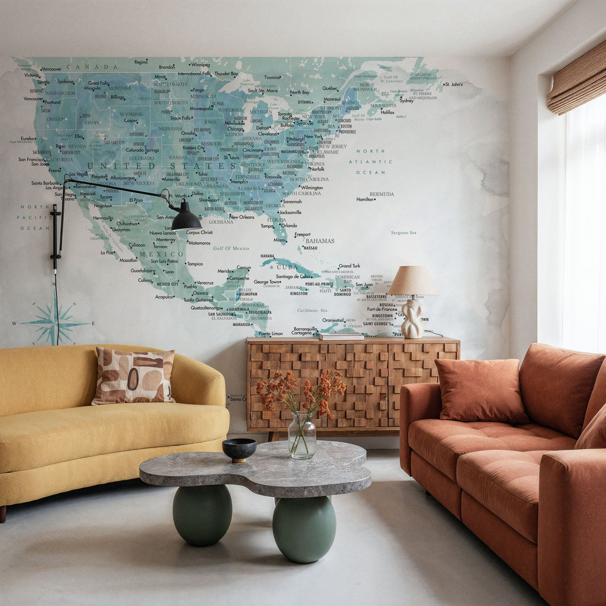 US Mexico Caribbean Map - Aquamar Wash Mural Wallpaper - room preview 02