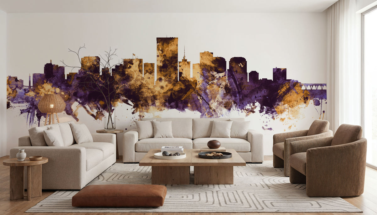 Richmond Virginia Skyline Purple & Gold Mural Wallpaper - room preview 02