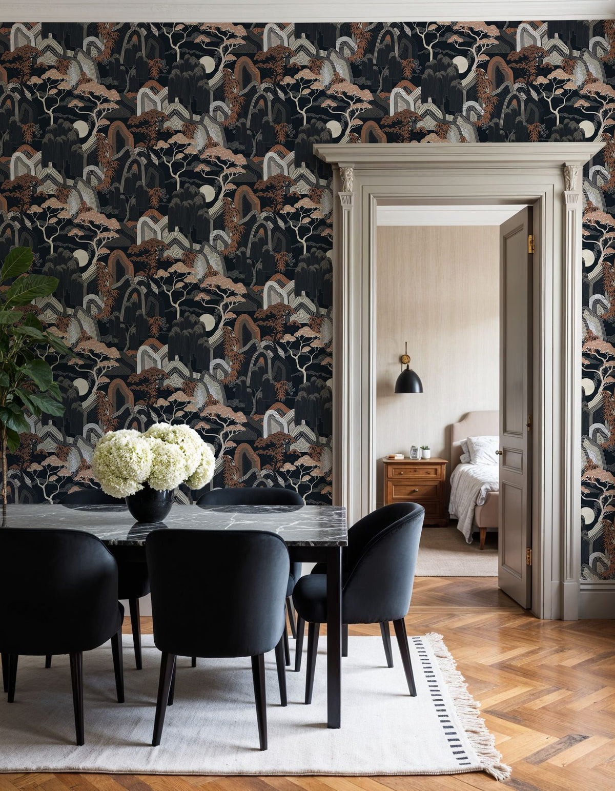 Whispers of the Mountain Pattern, Midnight Mural Wallpaper - room preview 02