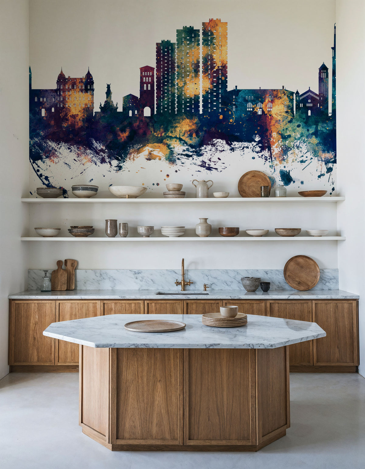Grenoble Skyline Blue & Bronze Mural Wallpaper - room preview 02