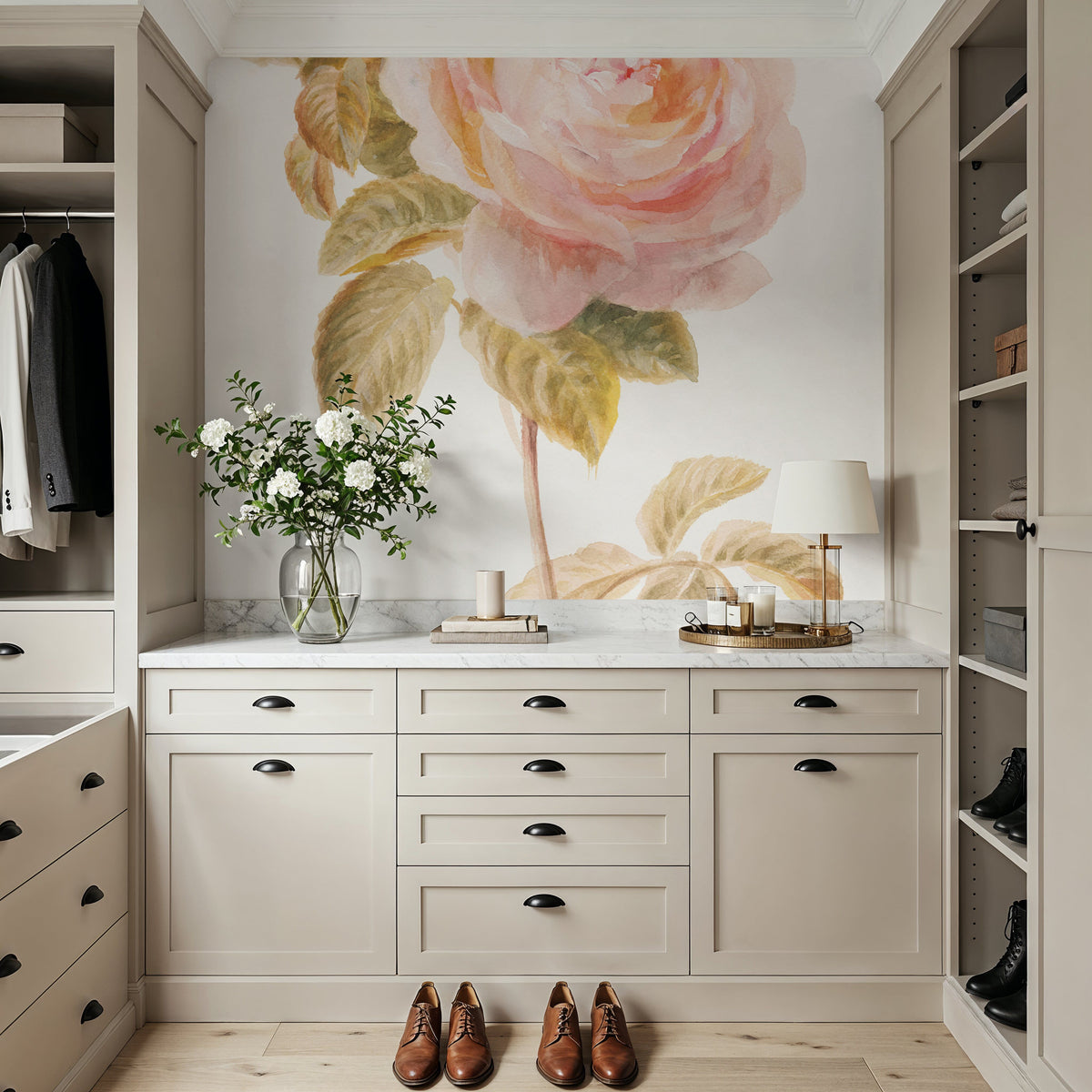 Garden Rose on White Mural Wallpaper - room preview 02