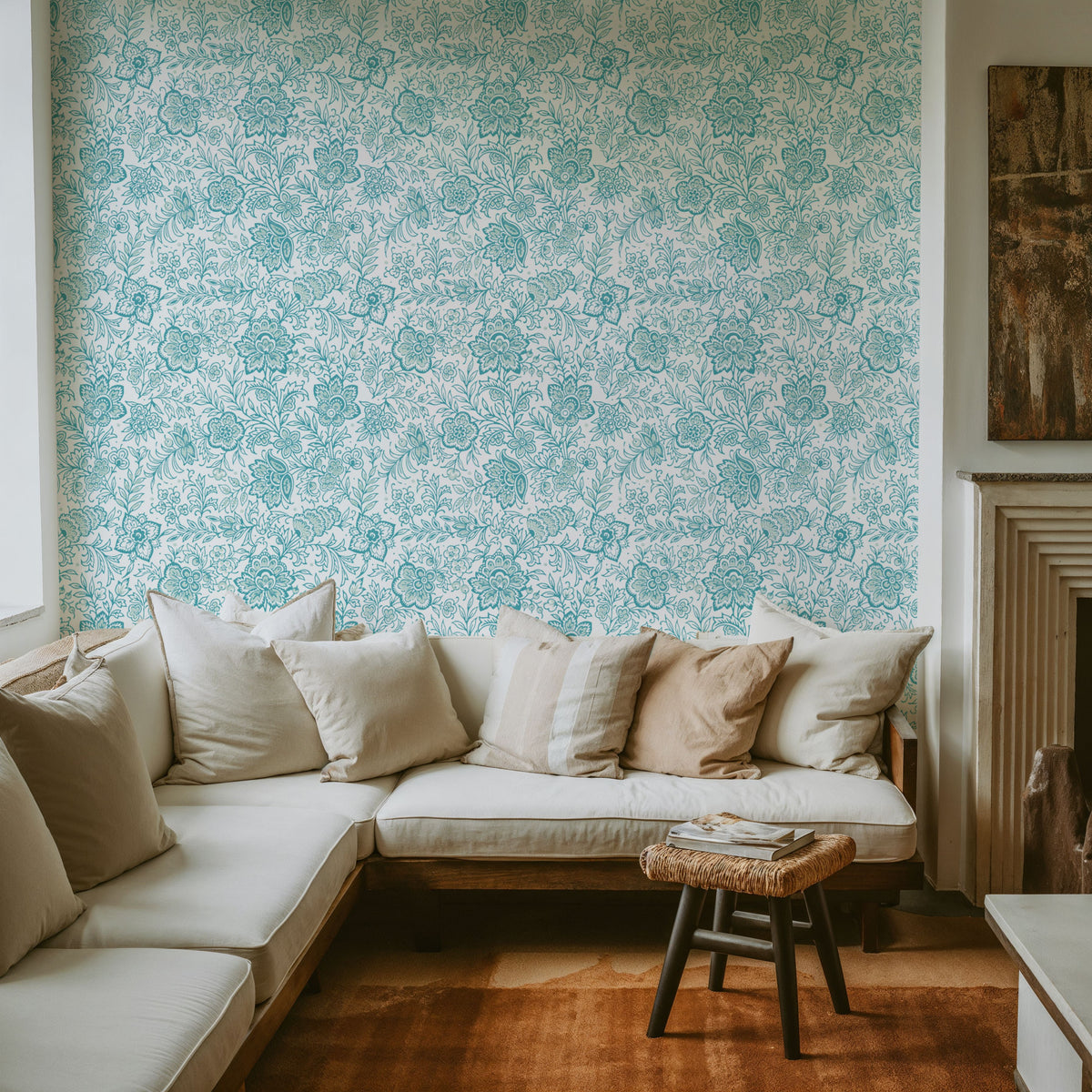 Kala Flowers Turqouise on White Mural Wallpaper - room preview 02